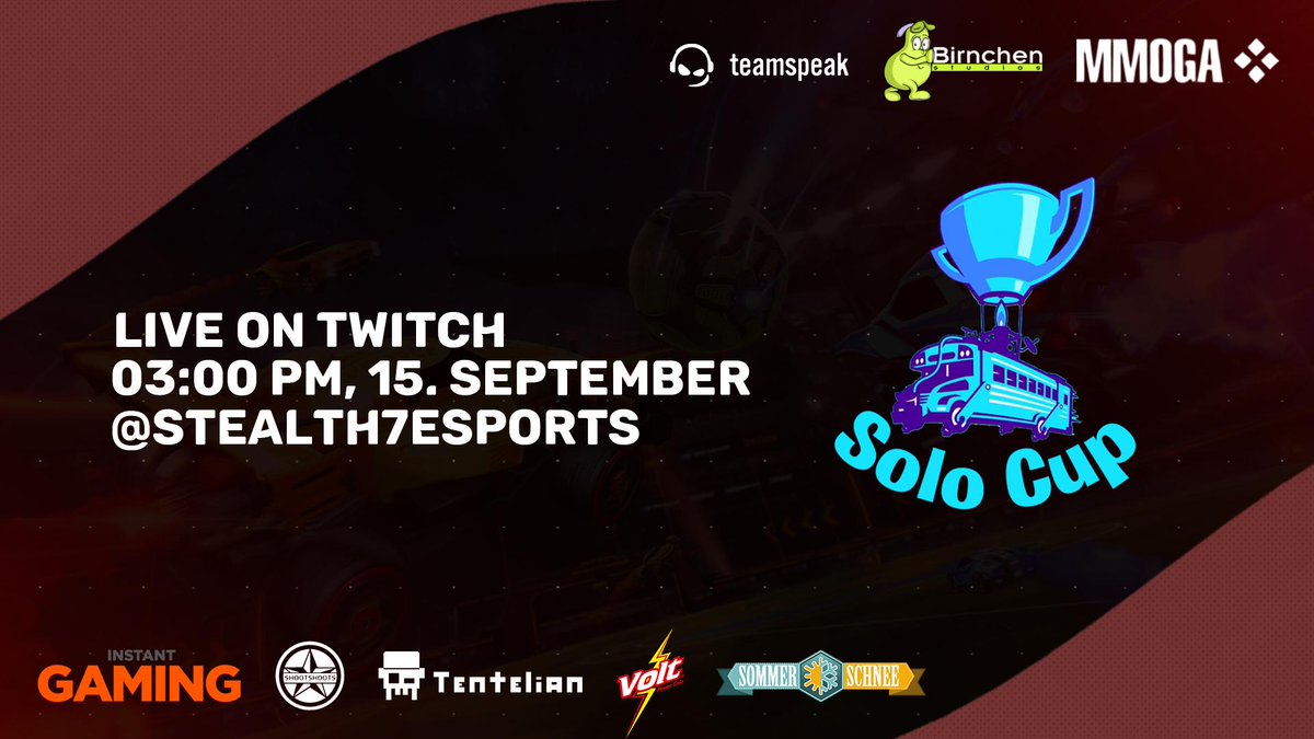 Stealth7eSports's tweet photo. Am 15. September um 15:00 Uhr könnt ihr einen Stealth7 Solo Cup in Fortnite beitreten. Dafür müsst ihr einfach zwischen 15:00 und 16:00 Uhr im Stream https://t.co/HKuazSfZzE anwesend sein. Es geht um 30 Euro, wer Lust hat kann mitspielen. Viel Spaß 🙂 https://t.co/QZgg9cipj8