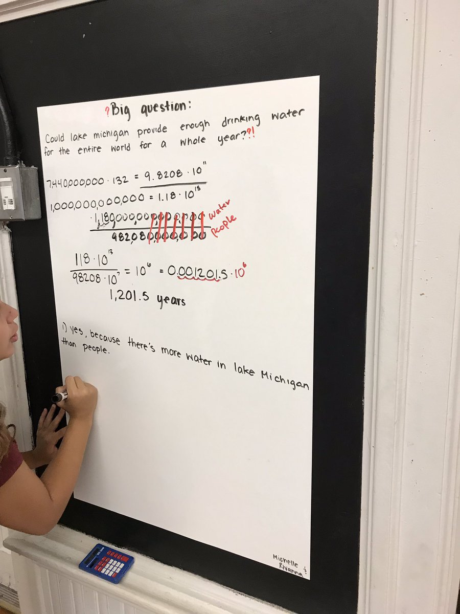 AaronBingea's tweet image. How long would it take for the world to drink Lake Michigan? Creating need for powers of 10. S: “My hand hurts from writing 0’s.” #CPSstem