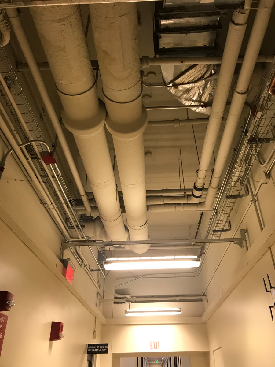 shu4603's tweet image. There&apos;s a recurring theme of exposed pipes on the ceiling, infrastructure that&apos;s probably hidden at other institutions. But here, it helps emphasize the engineering culture at MIT and reflects the idea that it&apos;s not just people who flow thru the halls of the school. #unityandflow