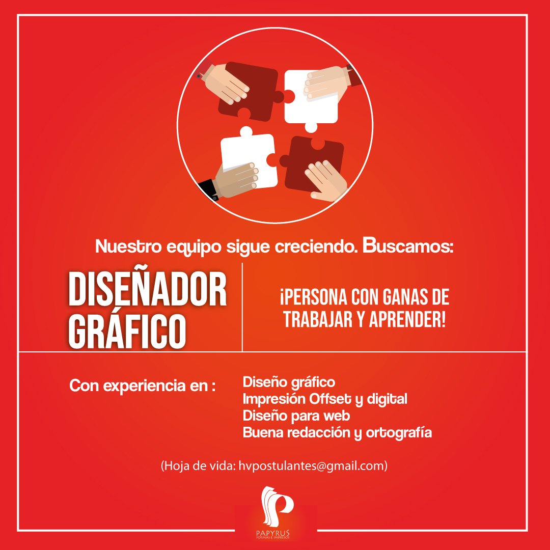 Papyrus_Ltda's tweet photo. #Trabajosihay #diseñadorgrafico  #diseñografico Estamos buscando Un(a) Diseñador(a) Gráfico (a), que sea apasionado (a), creativo (a) y le emocione su trabajo. Si reúnes las condiciones para unirte a nuestro equipo, envía tu book y HV a (hvpostulantes@gmail.com)
#colombia #empleo https://t.co/h4Hh70rByr