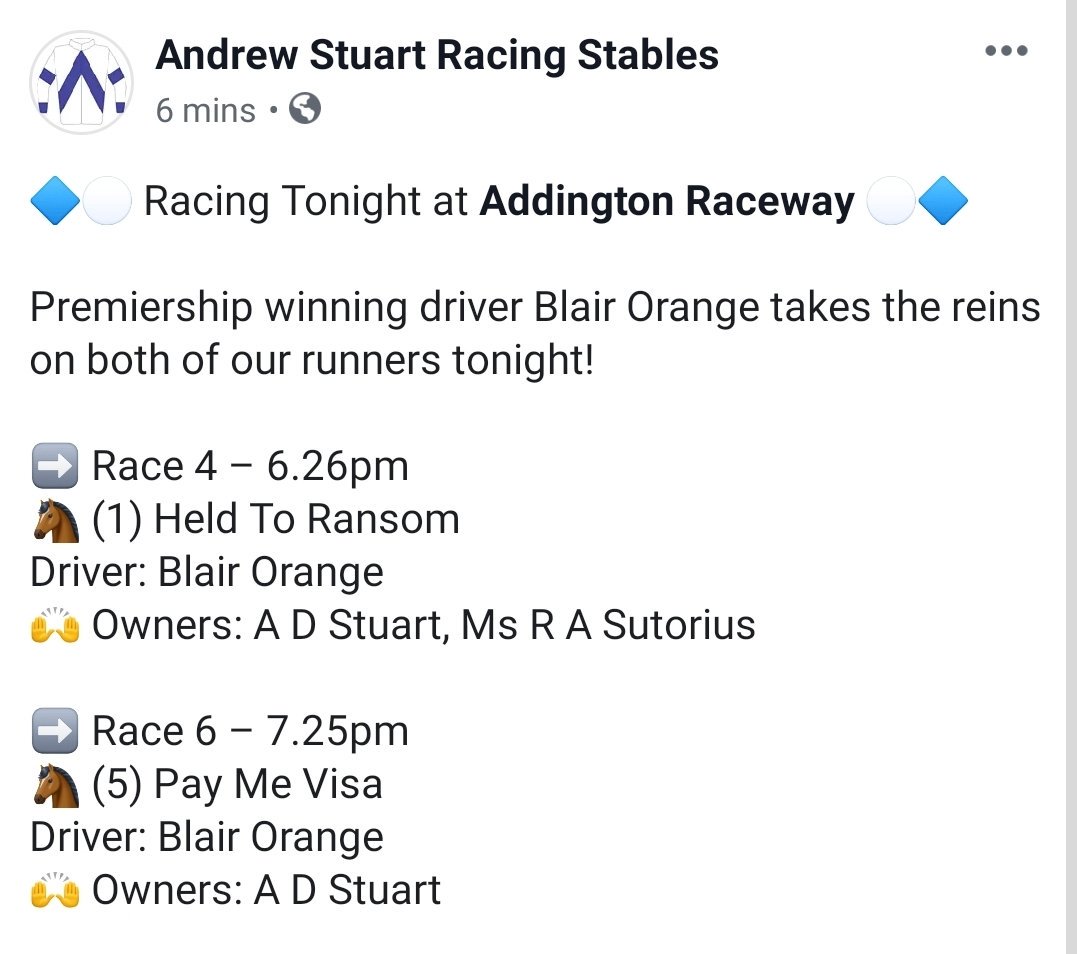 AStuartHarness's tweet photo. 🔵⚪ Racing Tonight at @AddingtonNZ 

Blair Orange takes the reins on both of our runners tonight!

📸 @ChanelleLawson1 
@OffnRacing https://t.co/eqZp5Cj1AV