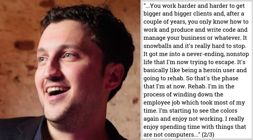 IndieHackers's tweet photo. "The problem is that once you get into that routine of working really hard to make a lot of money, you forget how to live... After a couple of years, you only know how to work..." — @mattiasgeniar 

Real stories from real startup founders
📸 https://t.co/UsZ2pymxJg https://t.co/GgRkjQAQ6U