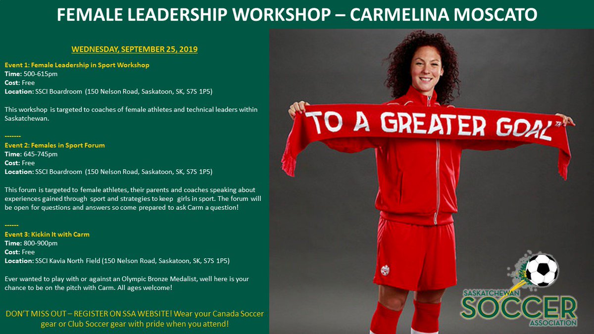 SaskSoccerAssoc's tweet photo. Registration is open for the events with @cmoscato4 Carmelina Moscato !

To register, go to the following webpage: https://t.co/d6YiHC6IUx

Sept 25: 
Females Leadership in Sport Workshop
Females in Sport Forum
Kicking It With Carm

Spet 26:
Coach Education Workshop 

#sasksoccer https://t.co/9NuOVO1S7G