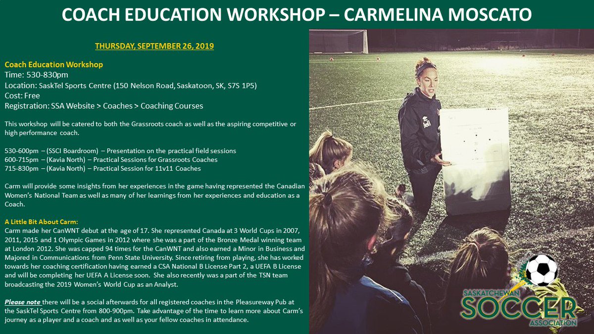 SaskSoccerAssoc's tweet photo. Registration is open for the events with @cmoscato4 Carmelina Moscato !

To register, go to the following webpage: https://t.co/d6YiHC6IUx

Sept 25: 
Females Leadership in Sport Workshop
Females in Sport Forum
Kicking It With Carm

Spet 26:
Coach Education Workshop 

#sasksoccer https://t.co/9NuOVO1S7G