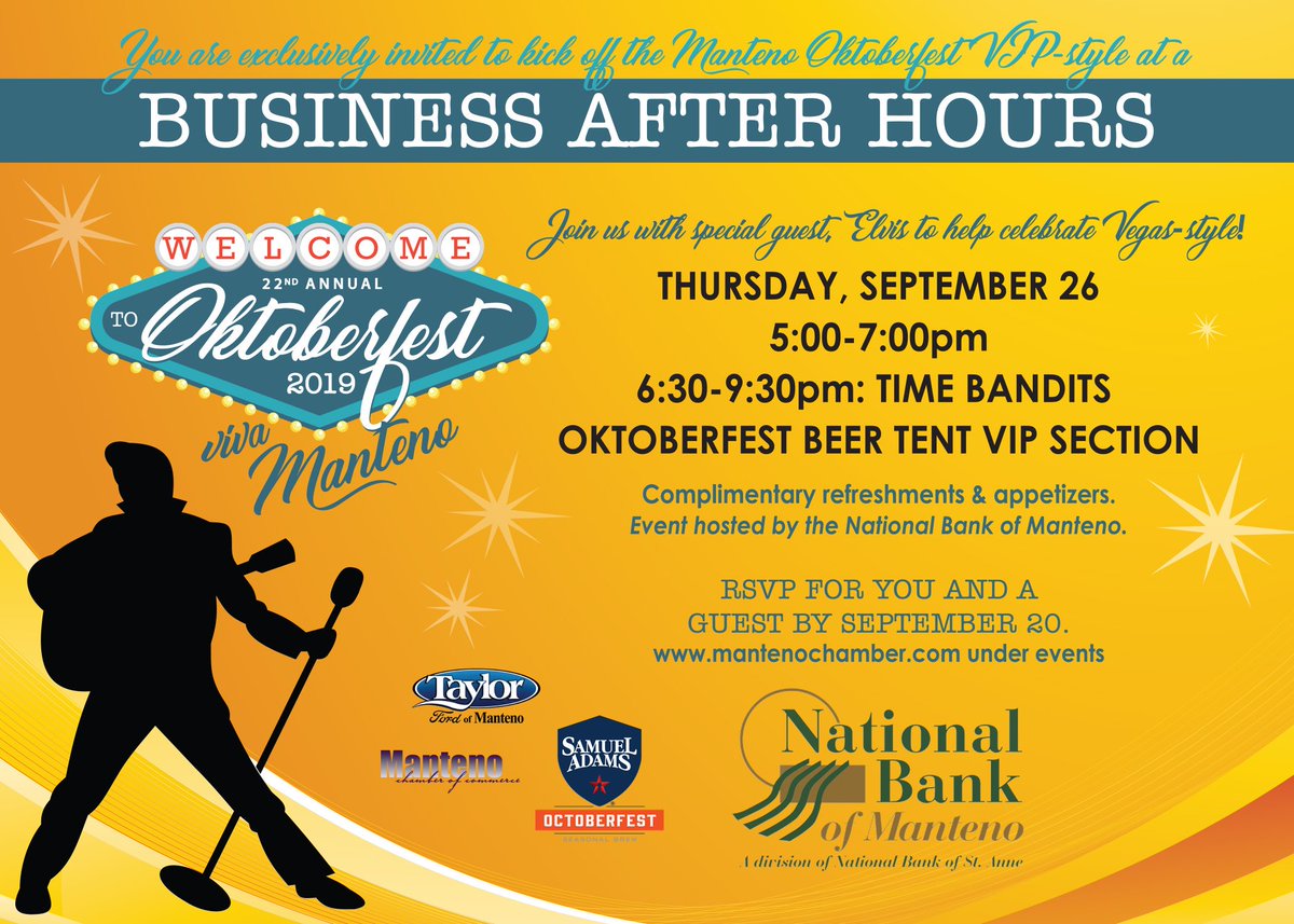 Manteno &amp; Kankakee County Chamber members -- Come hang out with us at Oktoberfest - and bring a guest! Complimentary refreshments &amp; appetizers provided by the National Bank of Manteno! 

Register here -> manteno.chambermaster.com/events/details…