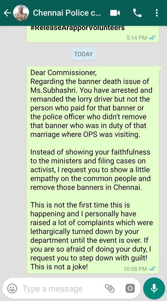 dilipsrinivasan's tweet image. #BannerKillings
#TNPoliceKilledSubhasri

Please send the following message to the commissioner AK vishwanathan. No.9444000029

I had sent it and he has read. Hope to see some guts for the position he is! 

@cctpolice @chennaipolice_ @fayedsouza @MirrorNow