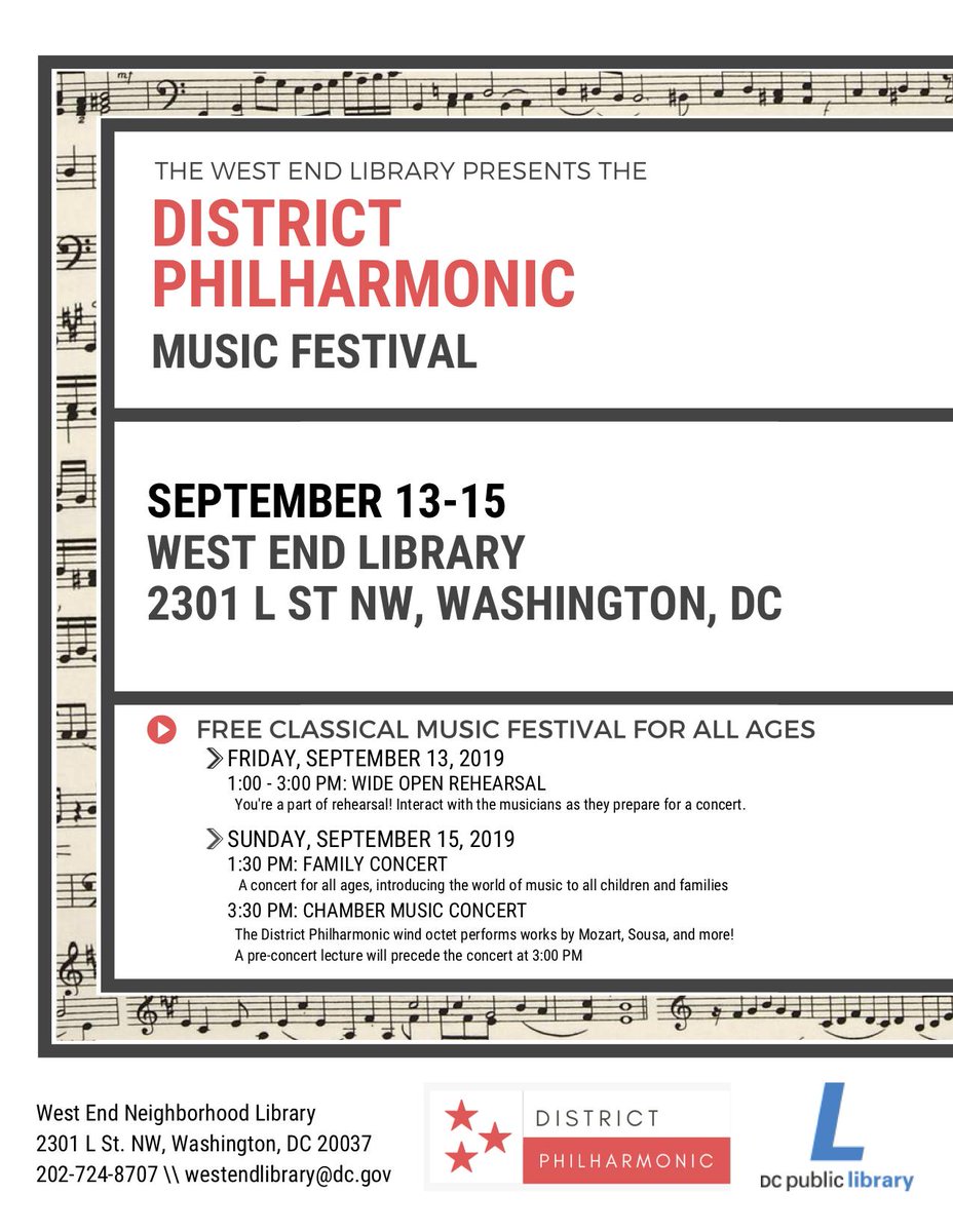 WestEndFriends's tweet photo. FREE! TOMMORROW AT 1 PM! Join the District Philharmonic for an open rehearsal at West End Public Library, 2301 L Street NW. On Sunday, enjoy a Family Concert at 1:30 pm and a Chamber Music Concert at 3:30 pm. https://t.co/WG3x0HVkEt