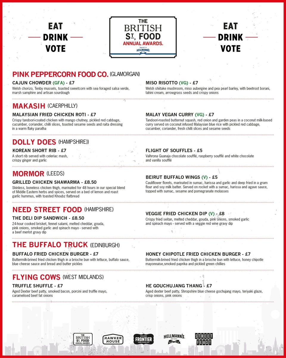 🔊The MENU has landed! Join us this Friday and Saturday at the #BritishStreetFoodAwards, supported by <a href="/Hellmanns/">Hellmann's Mayonnaise</a>. We'll be at <a href="/StreetFeastLDN/">Street Feast</a>'s #HawkerHouse where you can buy, try and vote for your fave dishes. Soak up the ☀️, enjoy the 🎶Get tickets: buff.ly/2Ls0myo
