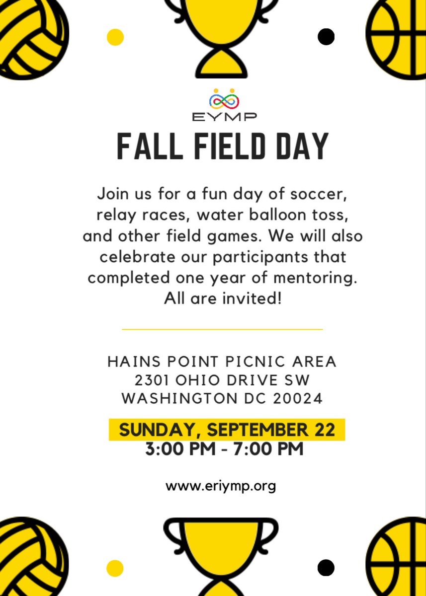 Join us for our last community event of the 2018 - 2019 mentoring cycle: Fall Field Day on Sept 22! All are invited, and we’ve got lots of games planned for kids, parents, and adults. Come say hi!

RSVP for updates: eriymp.org/event-details/…