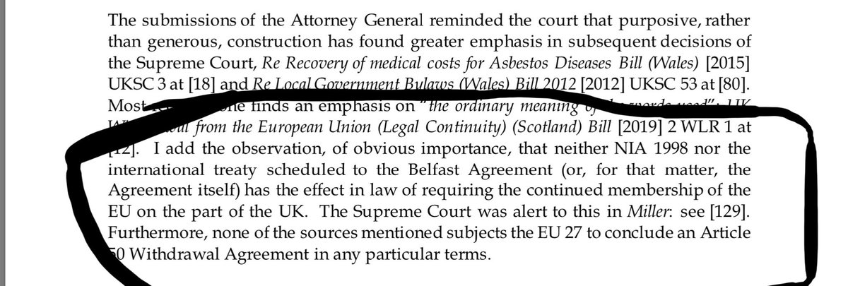 RichardBullick1's tweet image. Lord Justice McCloskey in the High Court today pointing out there is nothing in the Belfast Agreement to require EU Membership (or regulatory alignment or customs union membership for that matter). Should be uncontentious (other than on Twitter!)
