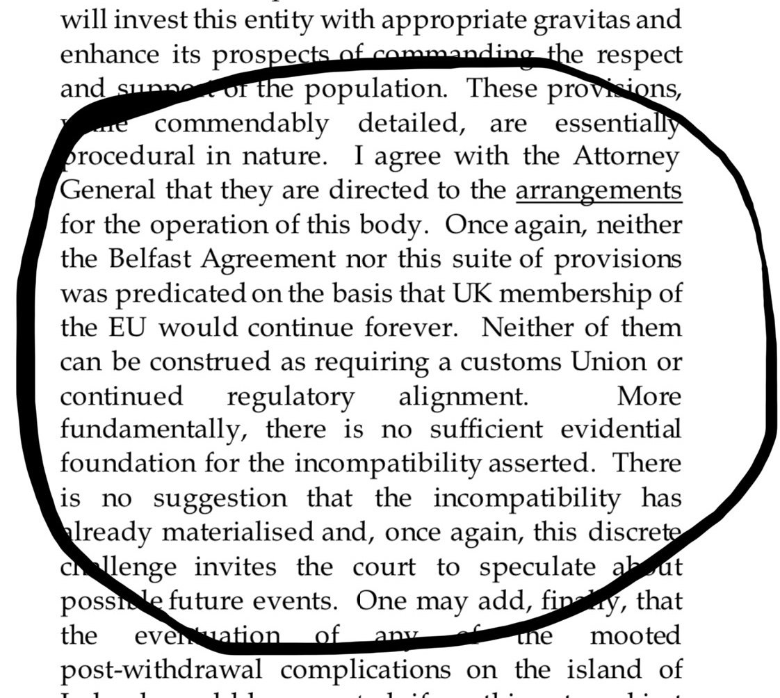 RichardBullick1's tweet image. Lord Justice McCloskey in the High Court today pointing out there is nothing in the Belfast Agreement to require EU Membership (or regulatory alignment or customs union membership for that matter). Should be uncontentious (other than on Twitter!)