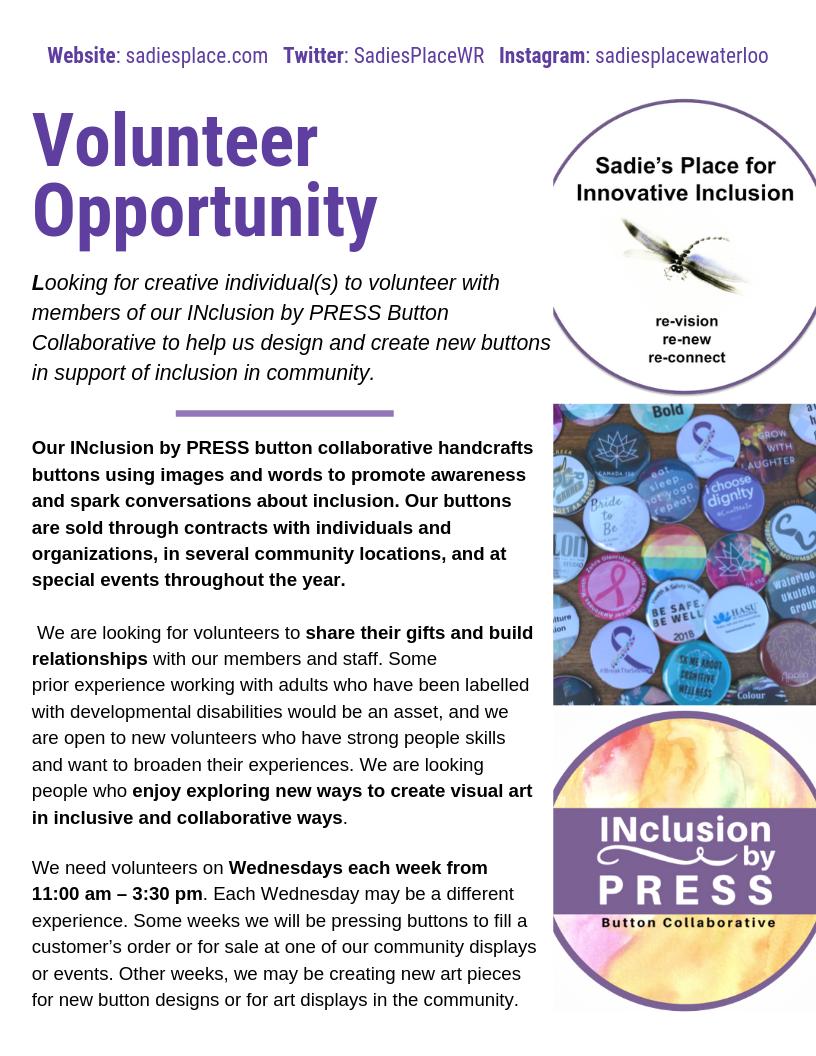 SadiesPlaceWR's tweet photo. VOLUNTEER OPPORTUNITY!  
Looking for volunteers who are passionate about people, inclusion, and creative expression AND are available on Wednesdays from 11am - 3:30pm. More details at
https://t.co/P8RfCMPs7f Email resume &amp; cover letter to Kayla at coordinatorsadiesplace@gmail.com https://t.co/qFxENJCMQN