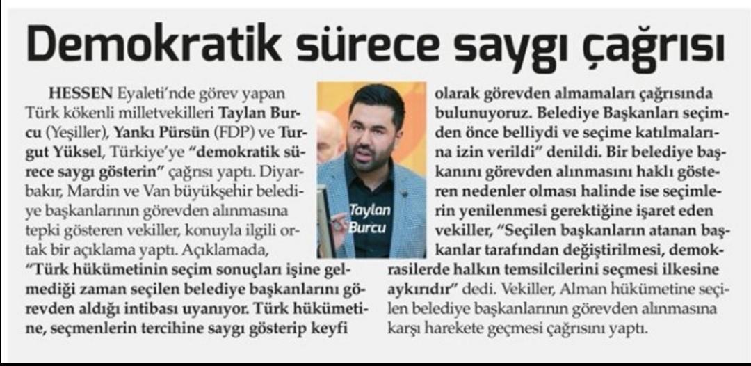 Die gemeinsame Kritik von mir und meinen Kollegen Turgut Yüksel, MdL und <a href="/yankiffm/">Yanki Pürsün MdL</a> an der Erdogan-Regierung über die Absetzung demokratisch gewählter Bürgermeister*innen in Diyarbakır, Mardin und Van - aufgegriffen von der türkischsprachigen hessischen Zeitung "Hessen Haber".