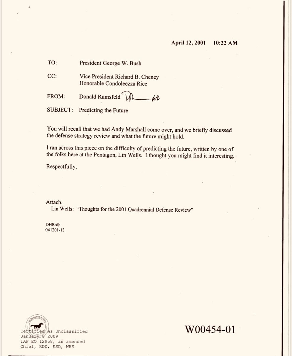 samirsaran's tweet photo. For my #ThinkTank brethren who boldly engage with tomorrow; I share this note- one that #Rumsfeld shared with #Bush and was prepared by #LinWells ...remarkable if true. Got it on Whatsapp so always have to be careful ... but nevertheless the content is on the mark and #humbling https://t.co/1KW9IFvdVz