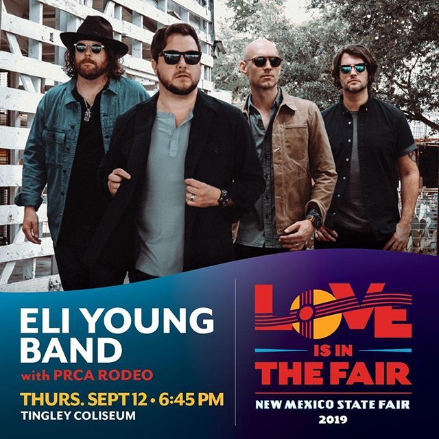 NMStateFair's tweet photo. TONIGHT, Thursday, September 12, 2019: Come on out to the New Mexico State Fair for the @EliYoungBand with PRCA Rodeo at Tingley Coliseum. Bench Seats: $20, Chair Backs: $35 and Box Seats: $40. Show starts with PRCA Rodeo at 6:45 pm.
#LoveIsInTheFair #Meโฆ https://t.co/53v9T4sEBV https://t.co/U7Sek6LmKL