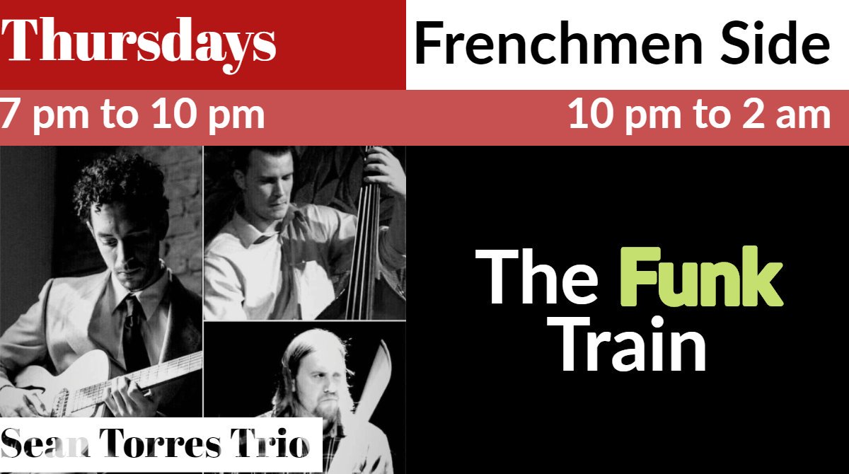 TheFreeMan2's tweet image. Thursdays are just so cool... the picture below is just 1 of the 2 sides we have.
At 7:00 pm on the big stage catch Authentic New Orleans Dixieland.
7:00 pm on the small stage we have a neat retro jazz guitar trio.
10 pm we take the wheels off with Funk and Soul