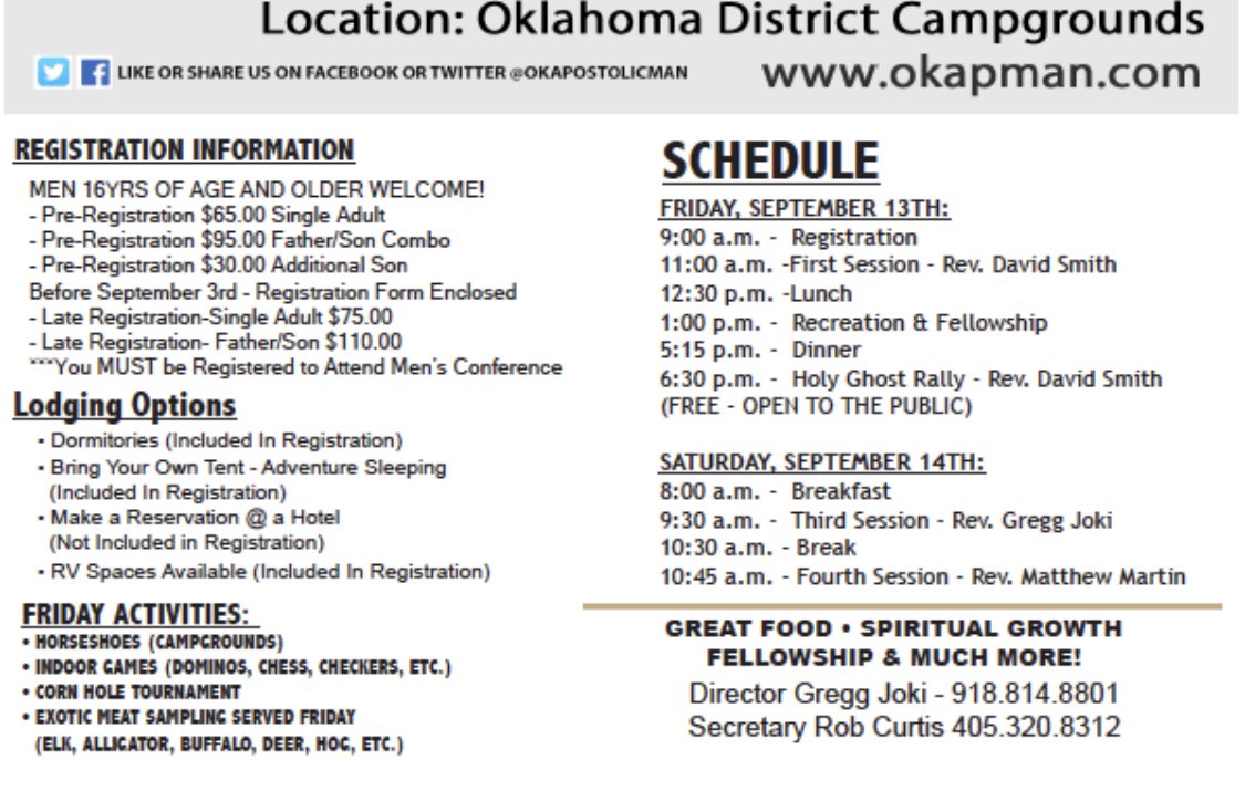 OKApostolicman's tweet photo. It all starts tomorrow at 9am! Here’s the official schedule for Oklahoma Men’s Conference! https://t.co/fCGtGIJUoA