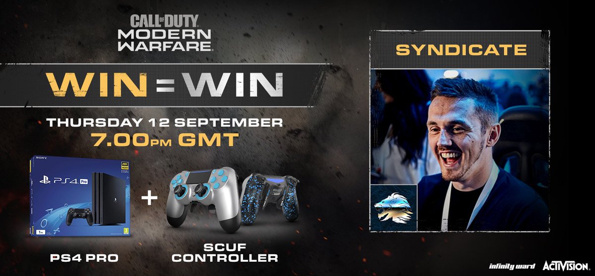 Syndicate's tweet image. The Win = Win challenge is here!

@CallofDutyUK have set me the task of getting as many wins as possible on the #ModernWarfare BETA in two hours, starting right now!

More wins = more prizes.

👀👉 twitch.tv/syndicate 

To enter, like &amp;amp; RT this post! (UK only) #COD_Partner