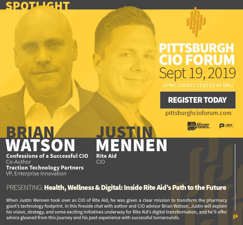 Brian Watson (@brianwatsoncio) on Twitter photo Very excited to join Justin Mennen, CIO of Rite Aid, on stage next Thursday, Sept. 19, at the Pittsburgh CIO Forum. We'll be discussing the big #digital transformation he's leading, as well as his past experience with IT overhauls. Come join us! <a href="/jmennen/">Justin Mennen</a> <a href="/riteaid/">Rite Aid</a> <a href="/PremierCIO/">Premier Connects</a> #CIO Very excited to join Justin Mennen, CIO of Rite Aid, on stage next Thursday, Sept. 19, at the Pittsburgh CIO Forum. We'll be discussing the big #digital transformation he's leading, as well as his past experience with IT overhauls. Come join us! <a href="/jmennen/">Justin Mennen</a> <a href="/riteaid/">Rite Aid</a> <a href="/PremierCIO/">Premier Connects</a> #CIO