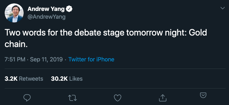 I'm starting a raffle. I'll give away a free lifetime Tangle subscription to anyone that can guess the unprecedented thing that <a href="/AndrewYang/">Andrew Yang🧢⬆️🇺🇸</a> does at tonight's debate. I'll release the answers in tomorrow's newsletter. #YangGang you can make your guess here: forms.gle/dR4rSLeYJcDsu6…