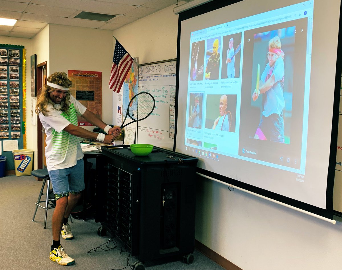 Our AD is cooler than your AD. 🎾🐻😂 @BashaAthletics @BashaBoysTennis @bashastugo #BashaHoco2019 #90sDay #DancingThroughTheDecades @AndreAgassi #AgassiIsMoreFunThanSampras #AgassiAllDay