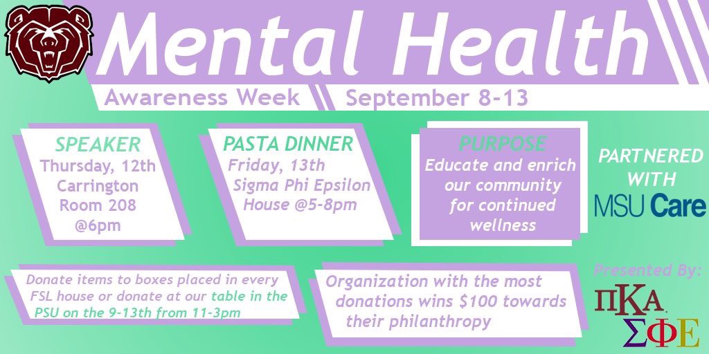 MSU_Pikes's tweet photo. ‼️Attention FSL‼️
There is a speaker over Mental Health in Carrington 208 tonight @6 o’clock! This is such an important topic that effects our demographic more than any other!! Please come out and learn ways help yourself and others!! Hope to see everyone there! https://t.co/3H8LUCESU3