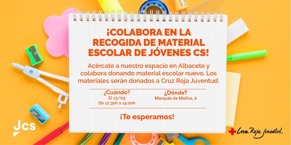 CristianLujanM's tweet photo. 📚 ¡@jovenesCs! Mañana tenemos #RecogidaMaterialEscolar en #Albacete. Acércate a la sede de @Cs_Albacete y colabora. ¡Que ningún niño se quede sin material escolar en este inicio de curso! https://t.co/EQczJXyuv6