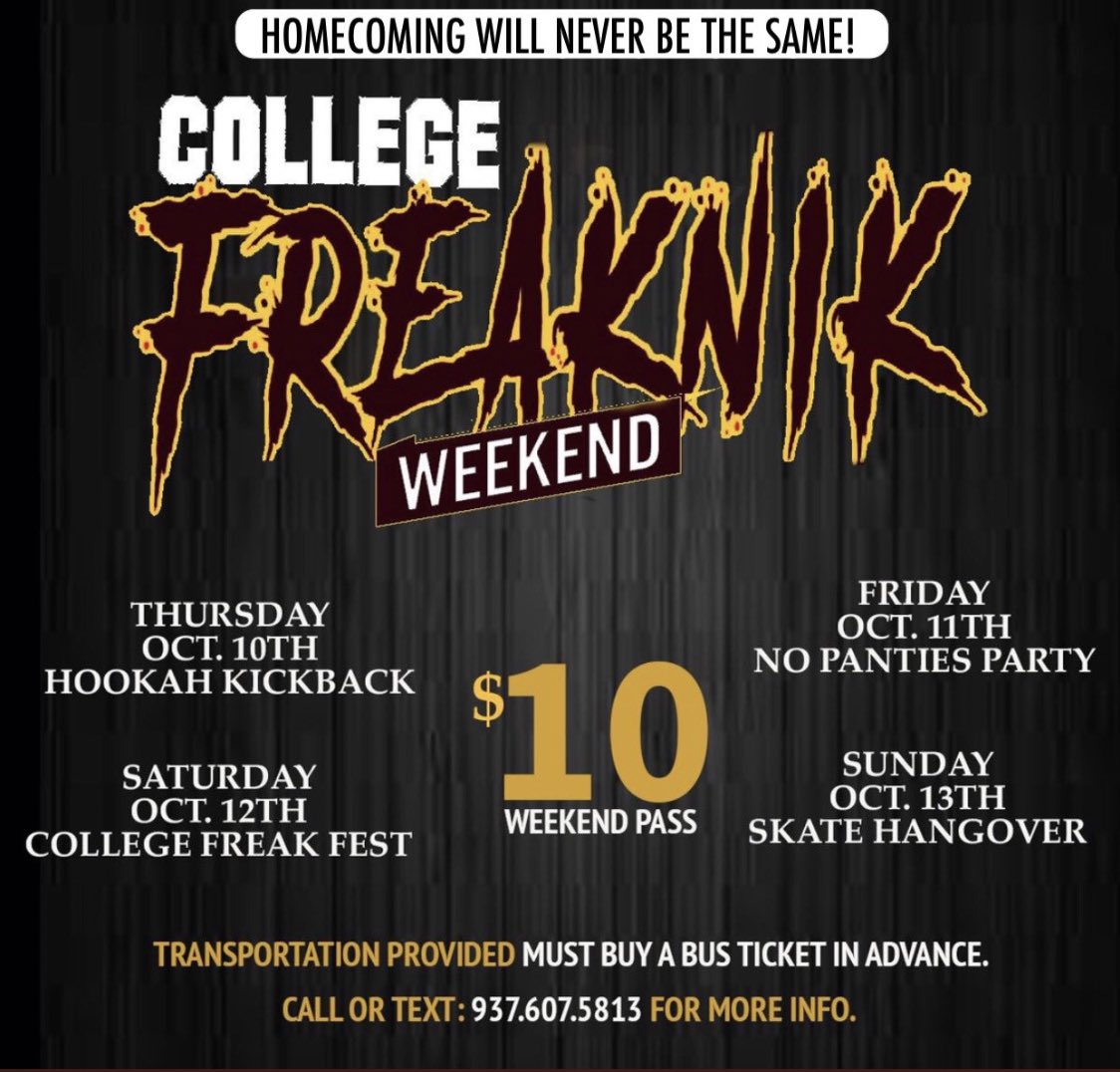 _deriqueen's tweet photo. HOMECOMING WILL NEVER BE THE SAME‼️We wanted to give y’all something new this homecoming.
#CollegeFreakNikWeekend 
4️⃣ Events 4️⃣Locations 4️⃣Days 
FOR ONLY $10💰 To kick it off we are giving away 100 FREE TICKETS. Stay tuned for more info. #CSUHC2019 @THE_FINEST_ENT https://t.co/53Zr7Tam9E