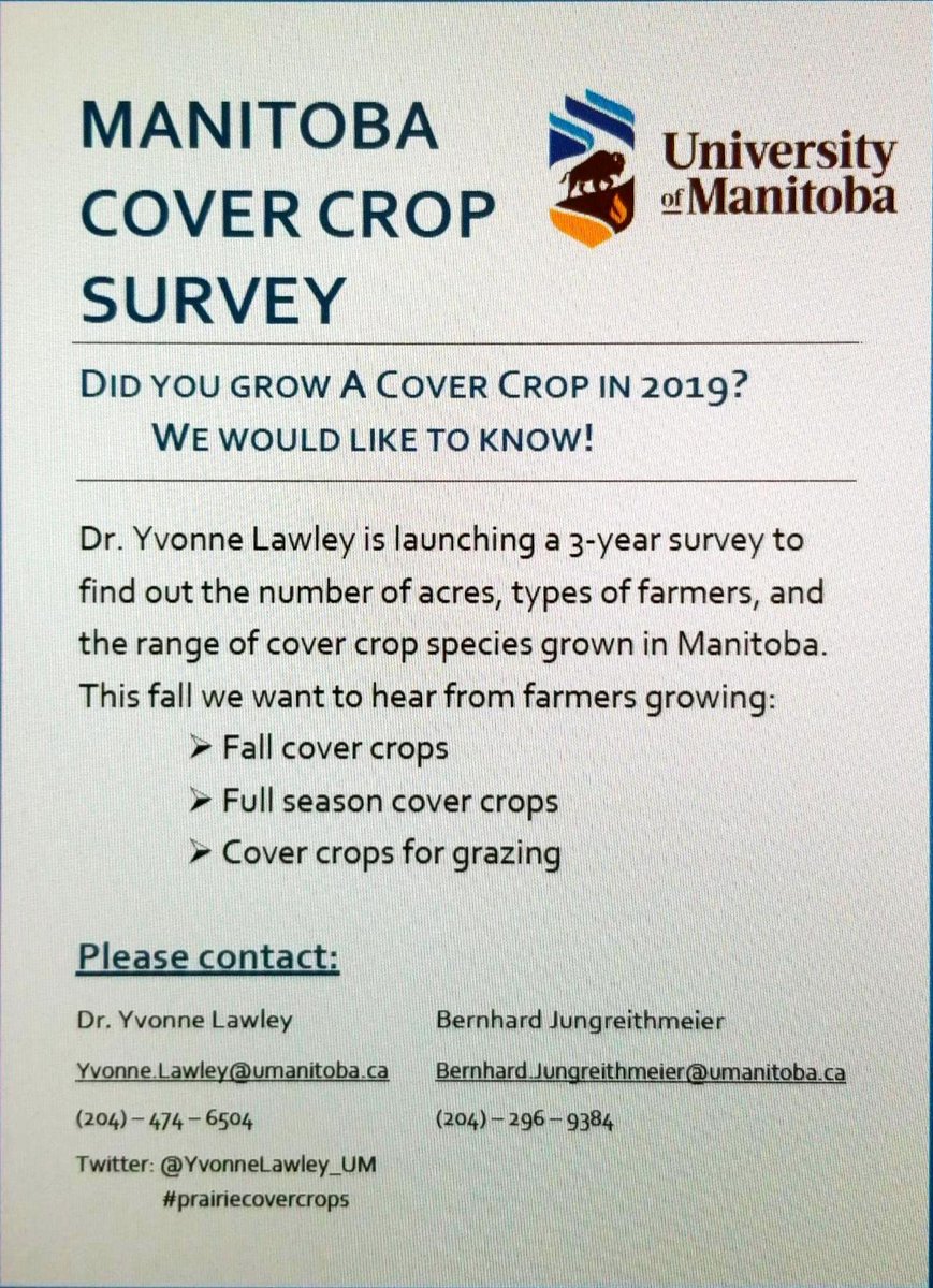If you are growing cover crops in Manitoba, I want to know! We are launching a 3 year survey to get some real numbers on adoption here in Manitoba. 
DM, email, call
Retweets welcome. #prairiecovercrops