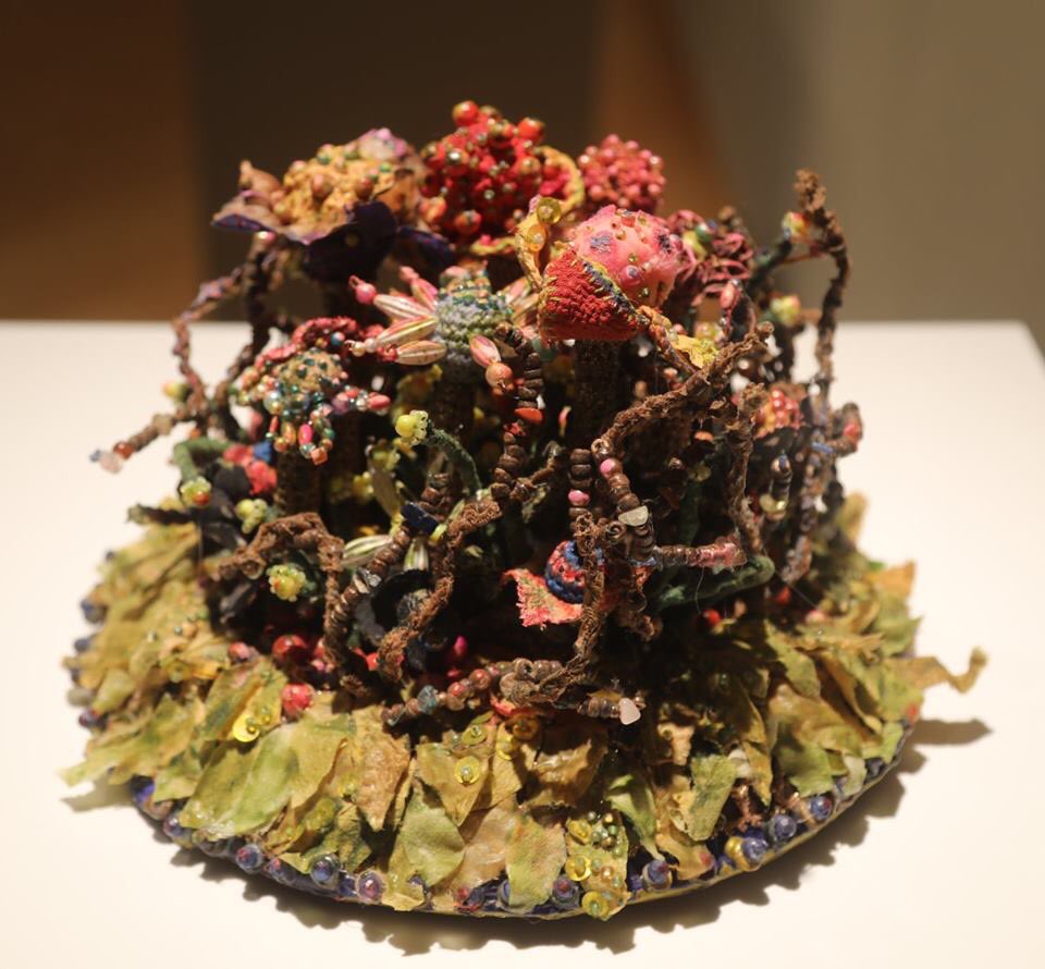 SARA DOCHOW | American, born 1952 | Garden of Delights, 2018 | Silk, beads, embroidery, paint, wire, varnish, found object | Work courtesy of Artist