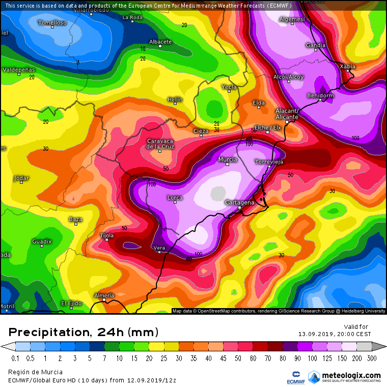 MeteoSangonera's tweet photo. Última salida del modelo europeo HRES-IFS. Acumulación de lluvia entre las 20:00h de hoy y las 20:00h de mañana. Sin palabras. https://t.co/DyuQJlC3qo https://t.co/obrfhHRh91