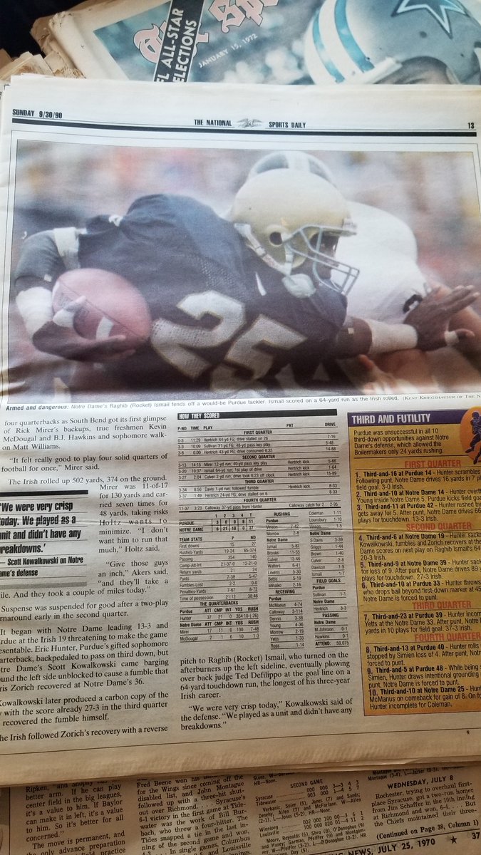 NotesnaScorcard's tweet photo. π#1 Notre Dame 37 Purdue 11
Via @ChuckCulpepper1 and the National. 9/30/90 #tbt #CFB
#Loadedbackfield
@dosleprechauns @NotreDameFans01
@IrishFans @RickyWatters @JeromeBettis36 @RickMirer
#Zorich @rocketismailjr https://t.co/1fs3r7gmuy