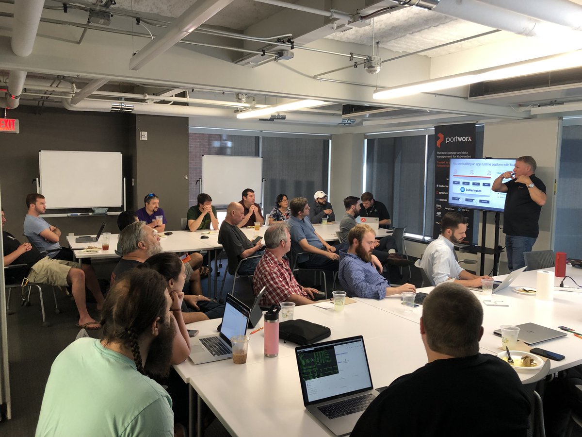 Valien's tweet photo. Loved the turnout today at @UpstateDevops! Thanks to @portwx for coming out and showcasing some of their cool #K8S storage tech. #greenville #kubernetes #storage #DevOps https://t.co/Vq5f3L1wf1