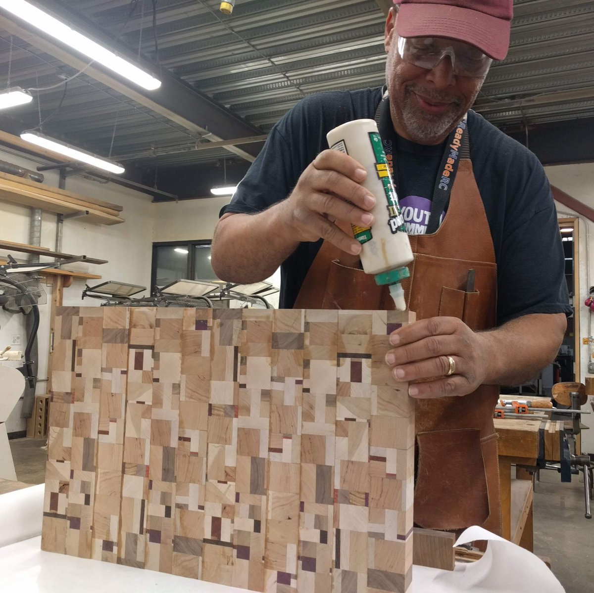 TheCrucible's tweet photo. Crucible instructor, David Page, was recently hard at work in the #WoodShop assembling his intricate jig-saw puzzle-like #butcherblocks. David notoriously doesn't take commissions and instead gifts his work to friends and family. Who will be the lucky recipient this time?! https://t.co/IVGD2H0eJn