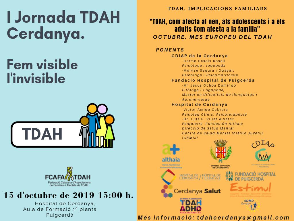 OCTUBRE MES EUROPEU DEL #TDAH. 15 d'octubre 15:00 h. Hospital de Cerdanya. Aula de Formació 1ª planta. Puigcerdà 
"Fem visible l'invisible" TDAH, Implicacions Familiars.
<a href="/althaiamanresa/">Fundació Althaia</a> <a href="/CCerdanya/">Consell Comarcal de la Cerdanya</a> <a href="/HospiCerdanya/">Hospital de Cerdanya</a> @FundacioH <a href="/feaadah/">Feaadah</a> <a href="/ADHD_Europe/">ADHD-Europe</a> <a href="/ADHDFoundation/">The Neurodiversity Charity is now closed</a>