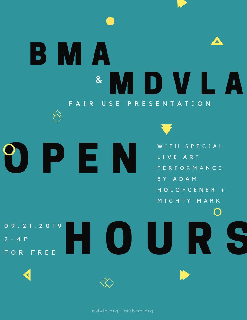 artbma's tweet photo. Ever hear about fair use? Sept. 21 from 2-4pm, join @MarylandVLA to see the tenets of fair use displayed through live beat-making, w/ a performance by #MightyMark and a workshop on legal issues related to copyright and fair use.

#BMAOpenHours is free! https://t.co/Tpaw7smm3C https://t.co/CUJXbUcXcq
