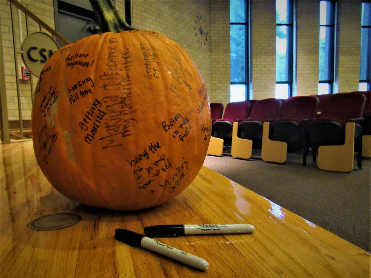 CSM_Omaha's tweet photo. Our Level 5 MOT students had an awesome reflection with some positive pumpkins!๐ They each reminisced about what they're going to miss about CSM & share what they are excited about as they head out to their last two fieldwork rotations. #CSMOT #imnotcryingyouare๐ญ https://t.co/KFeQqmkgAp