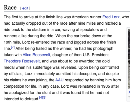 kslane's tweet photo. Everyone should read the Wikipedia page for the 1904 Summer Olympics men's marathon, possibly the most insane sporting event ever held. https://t.co/MECnTLHjuN https://t.co/OS5NThj5AO