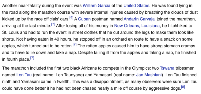 kslane's tweet photo. Everyone should read the Wikipedia page for the 1904 Summer Olympics men's marathon, possibly the most insane sporting event ever held. https://t.co/MECnTLHjuN https://t.co/OS5NThj5AO