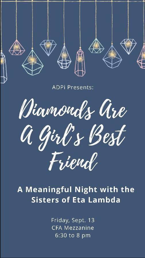 ADPi_Albright's tweet photo. Tomorrow is our recruitment event Diamonds Are A Girls Best Friend from 6:30-8pm https://t.co/MoPtpmJtWH