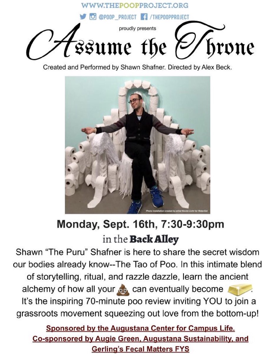Come see Assume the Throne in the Back Alley from 7:30-9:30 pm on Monday, Sept. 16th for an educational experience that will help you create a healthier &amp; more loving relationship w/ your body, planet, &amp; fellow earthlings.