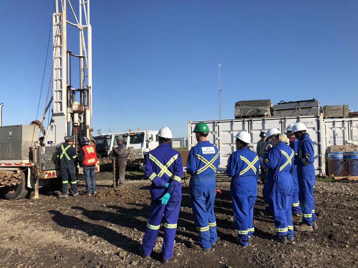 AsGeological's tweet photo. It took four days, but it finally happened! Today the @NAIT Geological students got their coveralls REALLY dirty. Thanks to #mobileaugers for giving our students their very first drilling experience on their way to a rewarding career in environmental consulting. https://t.co/Tpc9iDhiRW