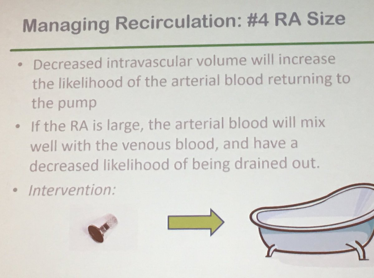 Recirculation on VV #ECMO Identify too high preML saturation related to SAO2/increasing BF > SVO2 but not SaO2/visually detect color; how manage: 1 decrease pump flow; 2 check/fix cannula position; 3 optimize CO; 4 fix RA volume + adjust Ht/MV &amp; decrease VO2 Keene at #ELSO2019