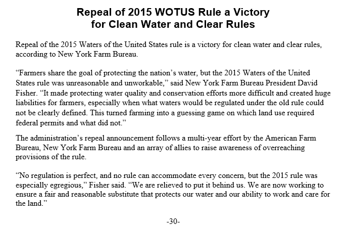 NYFarmBureau's tweet photo. NYFB President David Fisher's statement on the @EPA repeal of the 2015 #WOTUS rule. #CleanWater #ClearRules https://t.co/u6lt7BPbVM
