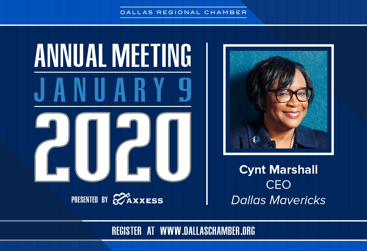 DRC's tweet photo. Join Cynt Marshall, CEO of @dallasmavs, for the DRC's 2020 Annual Meeting, presented by @Axxess, on January 9! Register today: https://t.co/AQJ90pgA4M #DRCAM20 https://t.co/f81lduMMdG