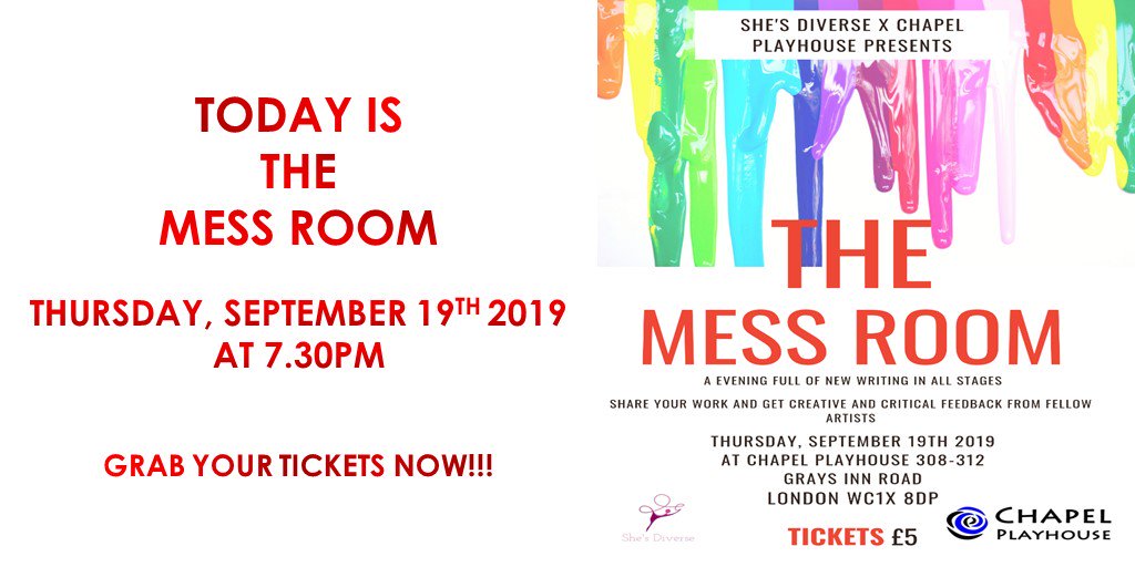 TODAY!!! is The Mess Room! Together @Chapelplayhouse &amp; <a href="/ShesDiverse/">ShesDiverse</a> present to you a new writing night full of new ideas!
It’ll be live, it’ll be raw and it’ll be messy!
Grab your tickets here before it’s too late- bit.ly/2Pgx0H1
#newwriting #fringe #themessroom