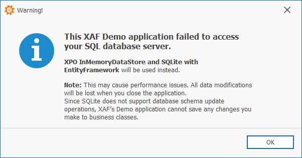 DevExpress_XAF's tweet photo. #Logify reports for #XAF demos included SQL Server connection errors. We now fallback to SQLite or in-memory data stores when SQL Server or LocalDB are not functioning.

If you want us to blog about our implementation, please describe use-case scenarios from your own app. Thanks! https://t.co/nTBXMlXGUD