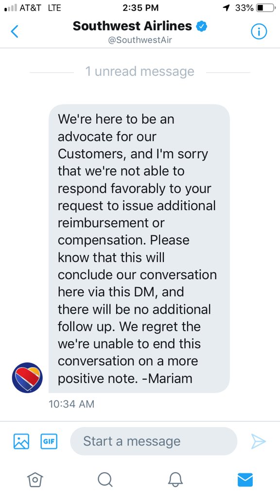 mycabinfever's tweet photo. I guess Mariam and William were the latest @SouthwestAir employees to fall in lock step and use “contract of carriage” to hide behind instead of doing what is right. As you can see Mariam shut me down after reading my claim file and took the easy way out. Thanks! https://t.co/tdXe2Odzlr