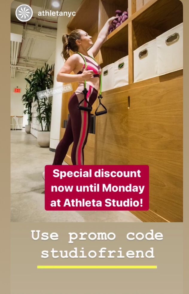 allysonberger's tweet image. 🚨SPECIAL DISCOUNT ALERT! 🚨

Use this promo code (in picture) to get a discount at the @AthletaFlatiron studio and take a class with me! 💜

#discount #promocode #studioclass #fitness #nycgym #nystudio #athletastudio #athleta