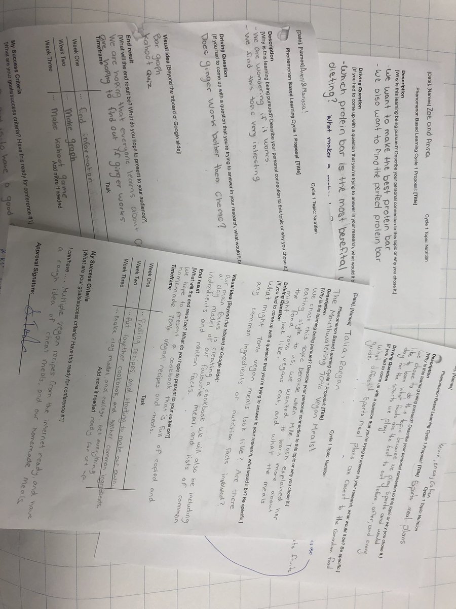 MlleTosh's tweet image. Proposals are in &amp;amp; signed for approval ✅ Next step= making their #PhenomenonBL come to life! With a topic like Nutrition students focused their driving questions on Athlete meals plans, home remedies for cancer, plant vs human nutrients needs &amp;amp; more @ElmvaleDHS #phenomlearning